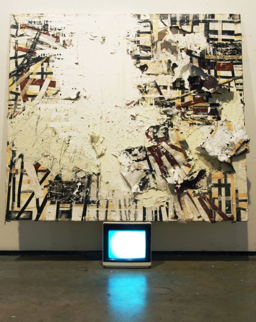 Abigail DeVille, Grid, 2010, recycled canvas, latex paint, enamel paint, paper, tape, T.V.. Collection of Elliot and Kimberly Perry. Courtesy of the artist