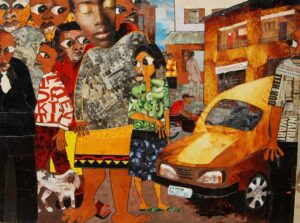 Chike Obeagu 'City Scape and City Dwellers' 2013 mixed media 8x6 ft image: courtesy of the artist
