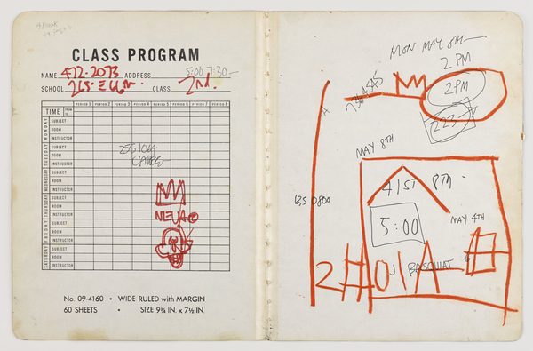 Jean-Michel Basquiat, Untitled Notebook (inside cover), 1980?81. Mixed media on board, 9 5/8 x 15 in. (24.5 x 38.1 cm). Collection of Larry Warsh. Copyright © Estate of Jean-Michel Basquiat, all rights reserved. Licensed by Artestar, New York. Photo: Sarah DeSantis, Brooklyn Museum