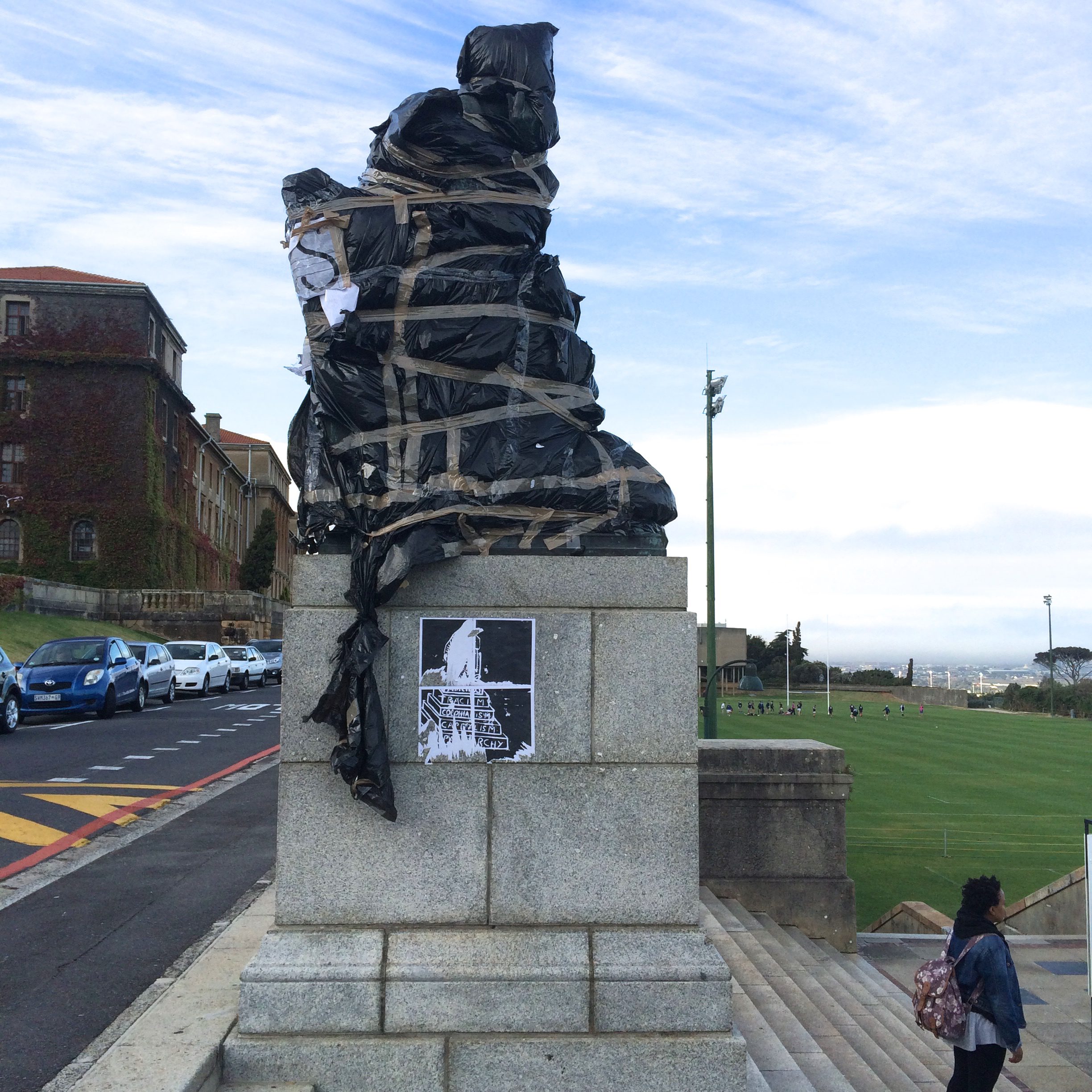 Marion Walgate’s 1934 bronze sculpture portraying Cecil John Rhodes was covered over in the weeks before its removal Photo: Sean O’Toole