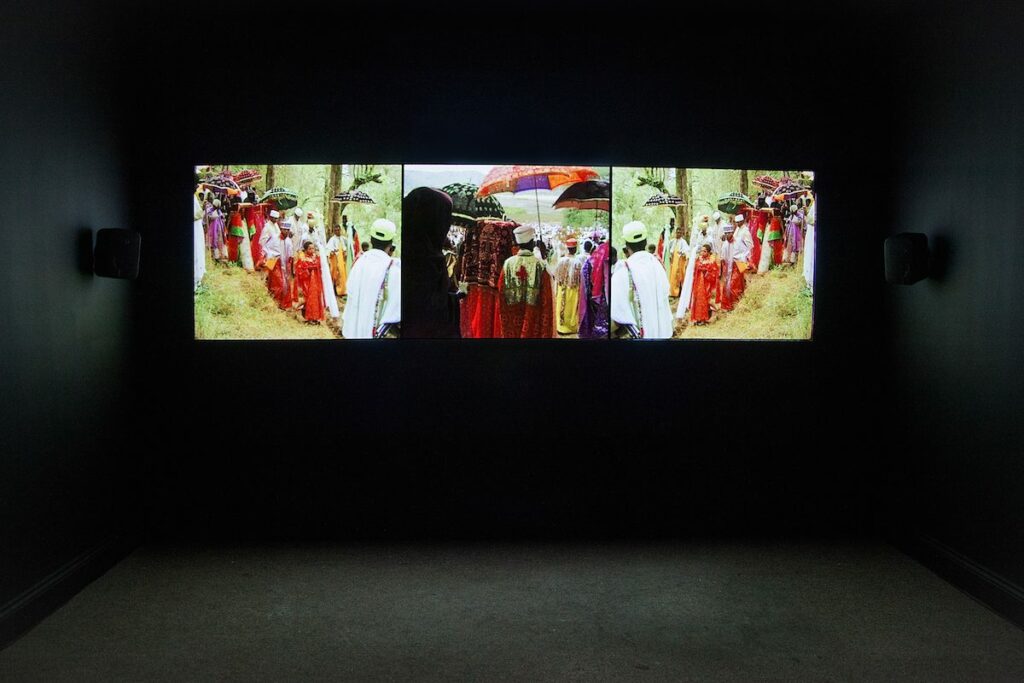 Theo Eshetu, Trip to Mount Zuqulla (2015), Video installation, 7 min, loop, Installation view at EVA International – Ireland’s Biennial 2016, Photo Miriam O'Connor, Courtesy the artist, Tiwani Contemporary and EVA International - Ireland’s Biennial, Still (the) Barbarians, Limerick City, Ireland, 16 April – 17 July 2016, www.eva.ie