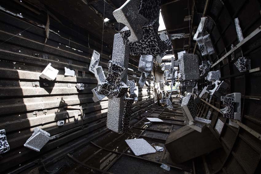 IYLM Arde-Acquah, Lois Selasie 1. Untitled. Ink on styrofoam. Installation view. Image (c) Deryk Owusu Bempah - blaxTARLINES KUMASI