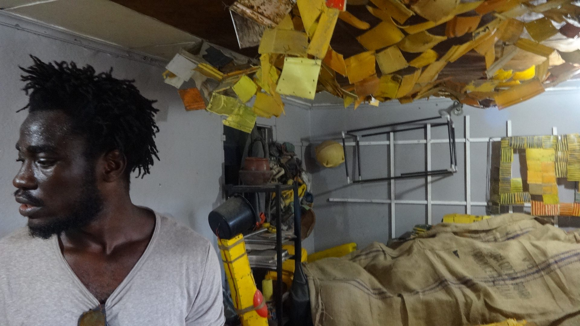 Artist Serge Attukwei Clottey in his studio in Labadi, Accra Study Days, April 2016. Photo: Gabi Ngcobo. Courtesy of the 32nd Bienal de São Paulo