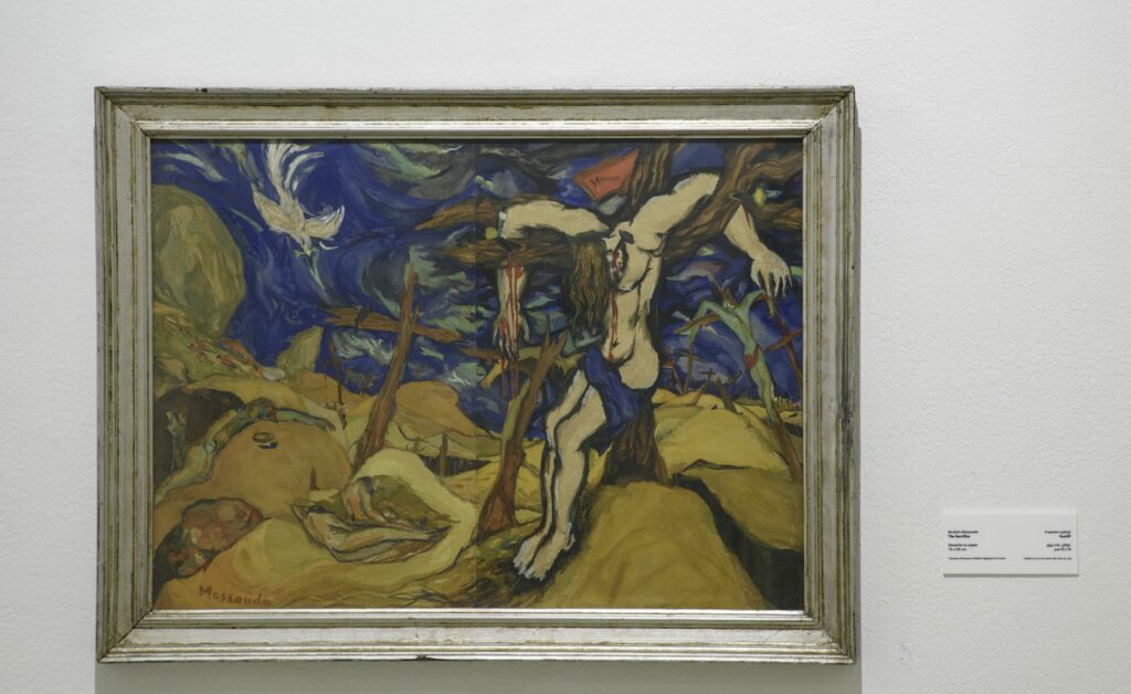 Ibrahim Massouda, The Sacrifice. Gouache on paper, 74 x 55 cm. Installation view. When Art Becomes Liberty: The Egyptian Surrealists, Palace of Arts, Cairo. Courtesy of Museum of Modern Egyptian Art in Cairo. Image courtesy of Sharjah Art Foundation.