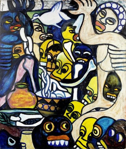 Malangatana Valente Ngwenya, Untitled signed and dated 'Malangatana/ 1998' (lower right). Oil on board. Courtesy Bonhams