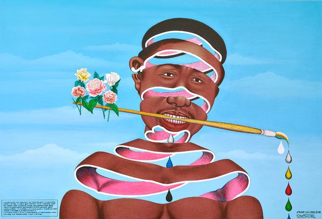 Chéri Samba, J’aime la couleur, 2003
Oeuvre appartenant à la collection de la Fondation Louis Vuitton © Chéri Samba. Photo : Claude Germain, Primae