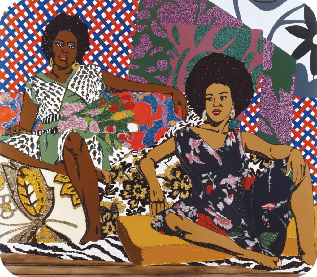 Moment’s Pleasure # 2, 2008, rhinestones, acrylic and enamel on wood panel, 72” x 84” © 2008, Mickalene Thomas.