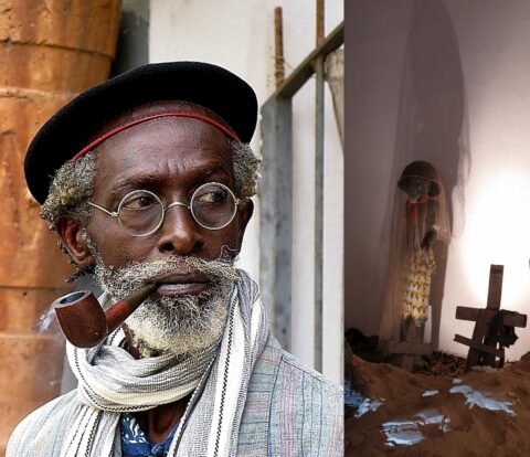 Issa Samb/Joe Ouakam and installation view of Issa Samb's work © Ibrahima Thiam