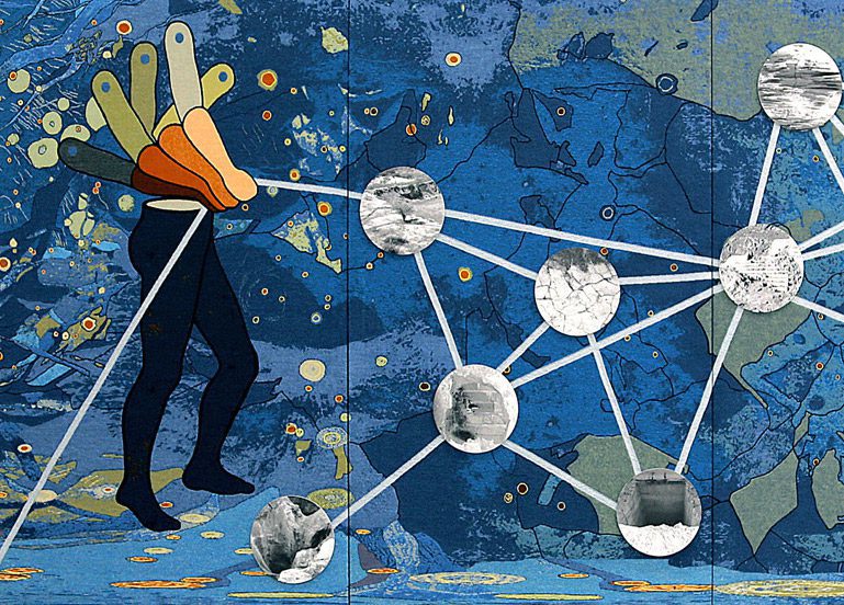 Otobong Nkanga The weight of Scars, 2015 4 tapestries, woven textile and photography, viscose bast, mohair, polyester, bio-cotton, linen, acrylic, and inkjet print on 10 laser-cut Forex plates, each 253 x 153 cm