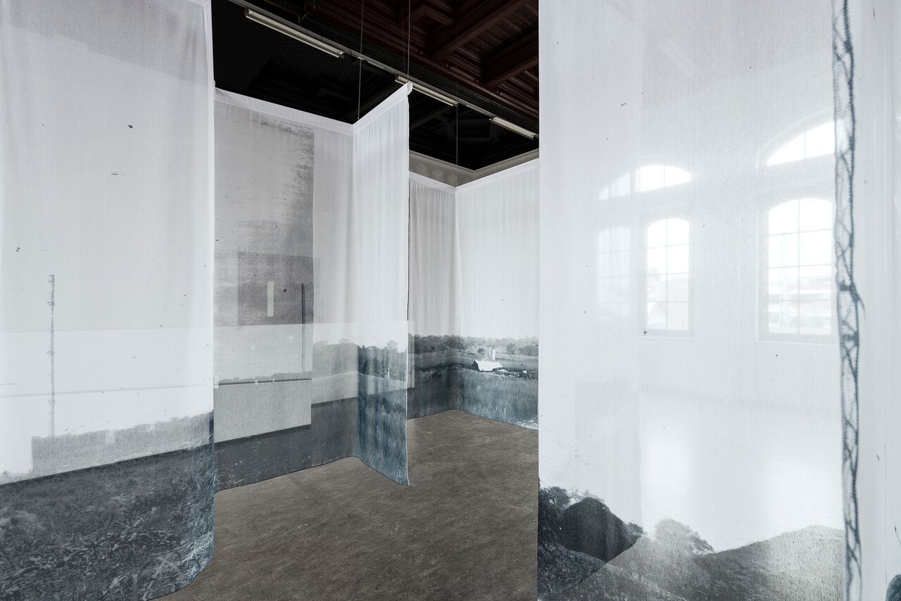 Detail. Doors of Distance (2017). Printed voile and wooden construction. Dimensions variable. Courtesy Bianca Baldi and Kunstverein Harburger Bahnhof. Photo: Michael Pfisterer