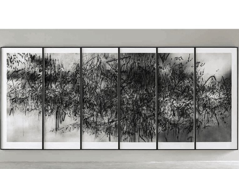 Julie Mehretu, Epigraph, Damascus, 2016. Photogravure, sugar-lift aquatint, spit-bite aquatint, open bite, and Hahnemühle Bütten 350 gr., 97 5/8 x 226 in. Collection of Noel Kirnon. Installation view at BORCH Gallery, Berlin, 2016. Artwork © Julie Mehretu. Image courtesy BORCH Gallery and Editions.