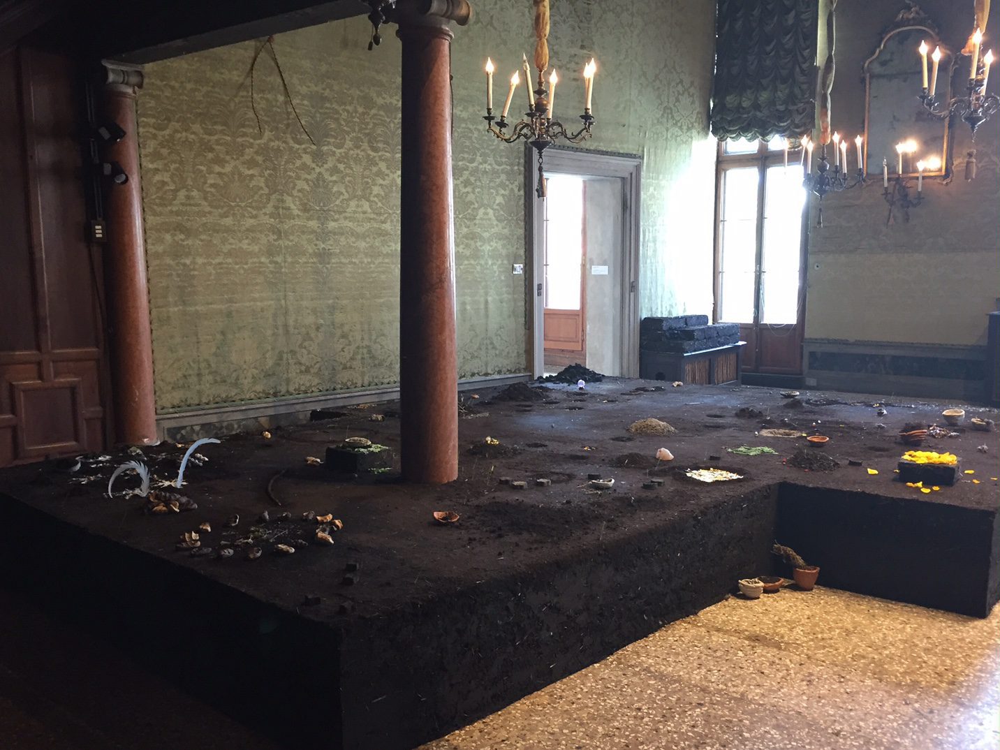 Dineo Seshee Bopape, mabu/mubu/mmu, 2017. Local soil, cermaics, herbs, crystals, coal, ash, adobe bricks. Produced by PinchukArtCentre. Image © Contemporary And