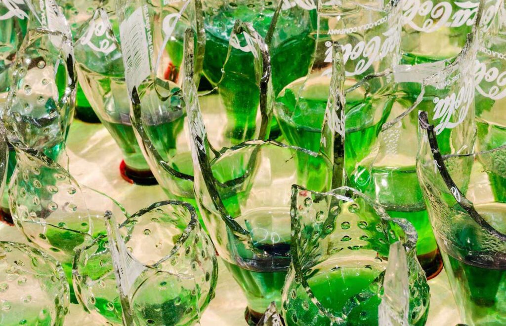 Lungiswa Gqunta, Lawn 1 , 2016 (Detail) Wood, broken   bottles, and petrol, 242 x 122 x 28 cm. Courtesy of Kelder Projects