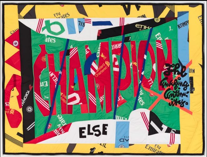 Hank Willis Thomas
(b. 1976), Visa, 2017, Mixed media including sport jerseys, c. 182.9 x 238.8 cm; (72 x 94 in.)