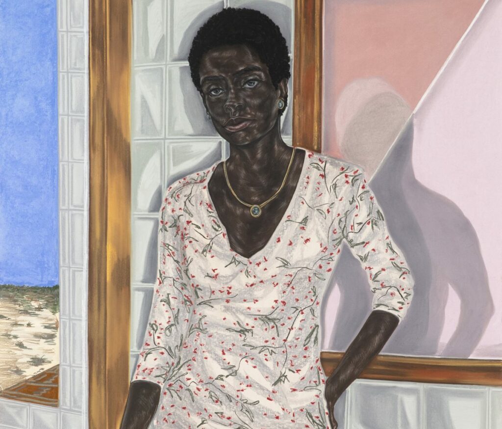 Toyin Ojih Odutola , Pregnant, 2017 (detail). Charcoal, pastel and pencil on paper, 74 1/2 x 42 in. ©Toyin Ojih Odutola.  Courtesy of the artist and Jack Shainman Gallery, New York