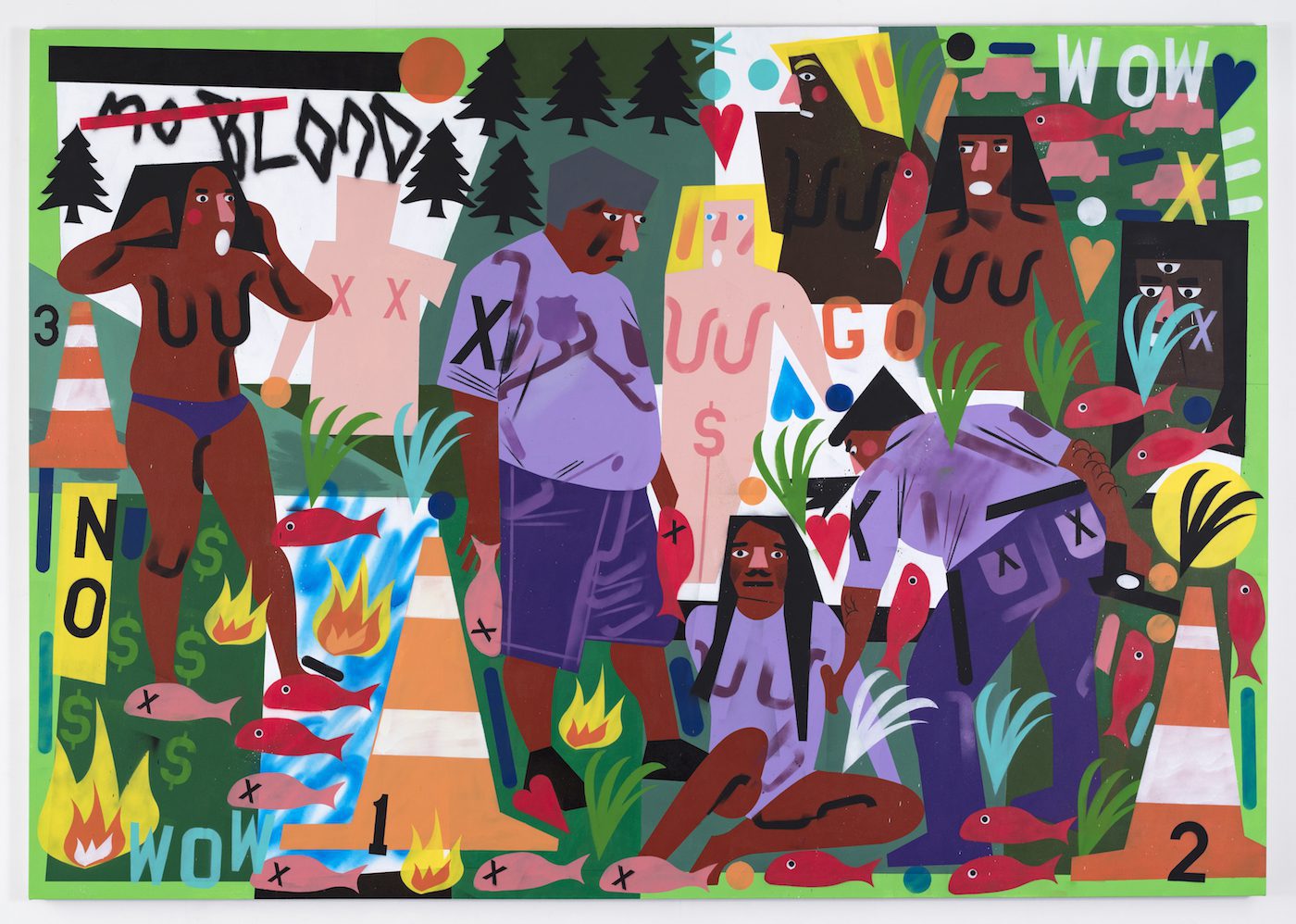 Nina Chanel Abney, White River Fish Kill, 2017, acrylic and spray, paint on canvas, 84 3/16 x 120 1/8 x 1 , 15/16 inches, signed, dated on the back