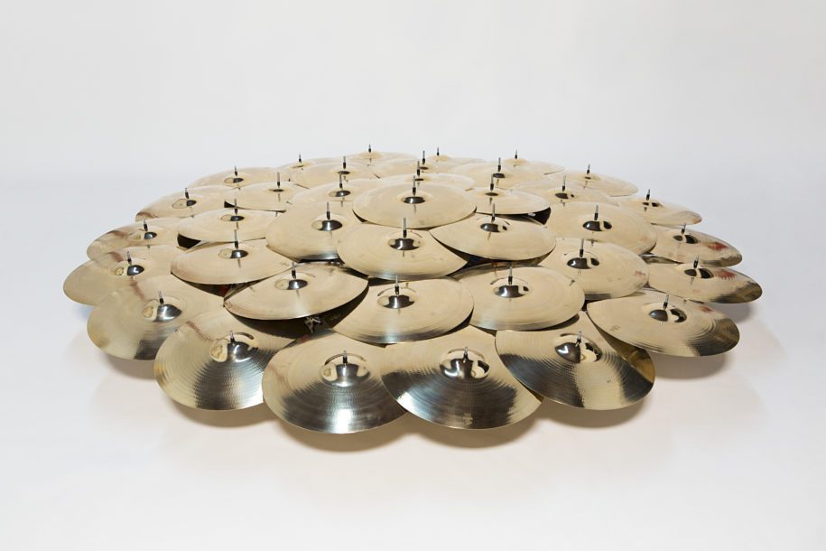 Terry Adkins, Native Son (Circus), 2006-15, cymbals, armature, and additional technical components, 20 x 96 inches (50.8 x 243.8 cm). Courtesy of the Estate of Terry Adkins. © The Estate of Terry Adkins
