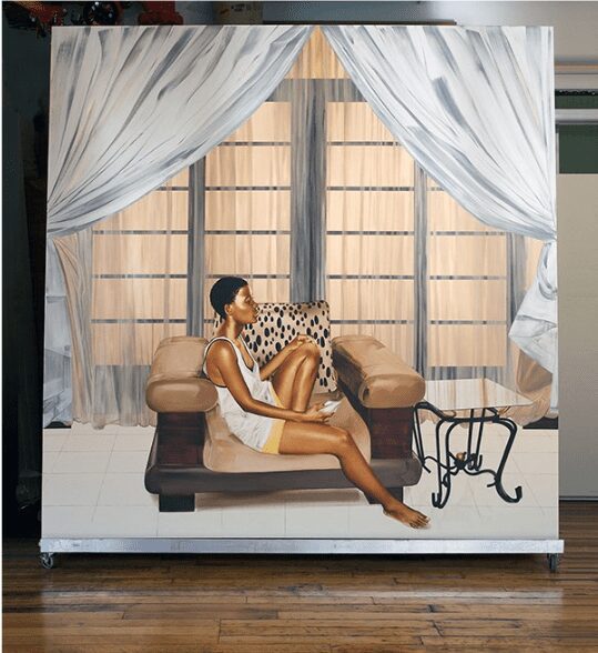 Meleko Mokgosi, 
Democratic Intuition, Bread, Butter, and Power 
(studio view), 2017. Courtesy of the artist and Honor Fraser Gallery, Los Angeles.
