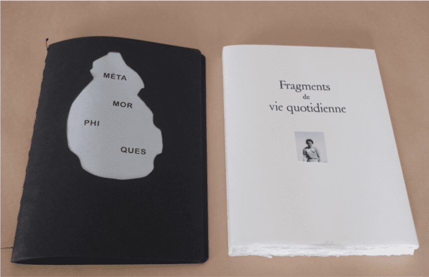 (left) Rita Alaoui, 
Metamorphiques, artist's book, self-publication,
29,5 x 20,5, unique edition, original design. (right) Fragment de vie quotidienne, 2013, Edition: Al Manar/number of pages: 36/Format: 28 x 20/36 Unique copies with original photographs, drawings, collages, paintings
(Project supported by: Prince Claus Fund for Culture and Development) © Courtesy the artist