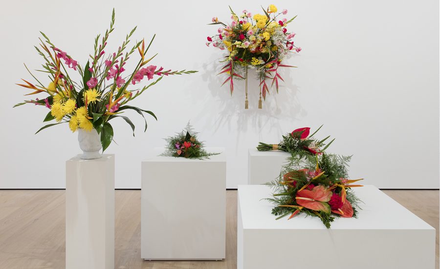 Kapwani Kiwanga, Flowers for Africa (installation view, Stories of Almost Everyone at Hammer Museum, Los Angeles), 2018, protocol to guide the reconstruction of floral arrangement with the use of iconographic documentation, variable dimensions. Courtesy of the artist, Galerie Jérôme Poggi-Paris, Galerie Tanja Wagner Berlin, Goodman Gallery SA. Photo: Brian Forrest