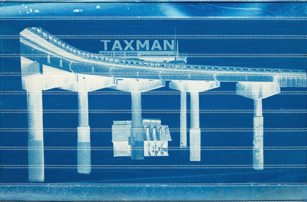 Edgar Cleijne and Ellen Gallagher, Highway Gothic, 2017. 16 mm film installation with 70 mm film and textile cyanotype banners. © Edgar Cleijne. © Ellen Gallagher. Courtesy the artists, Hauser & Wirth and Gagosian.