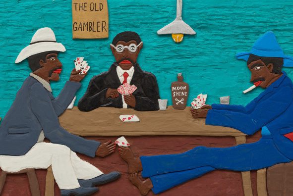 Leroy Almon, The Old Gambler (Detail), 1993. Painted bas-relief wood carving– signed, 15x36x.75”. Courtesy the Good Luck Gallery