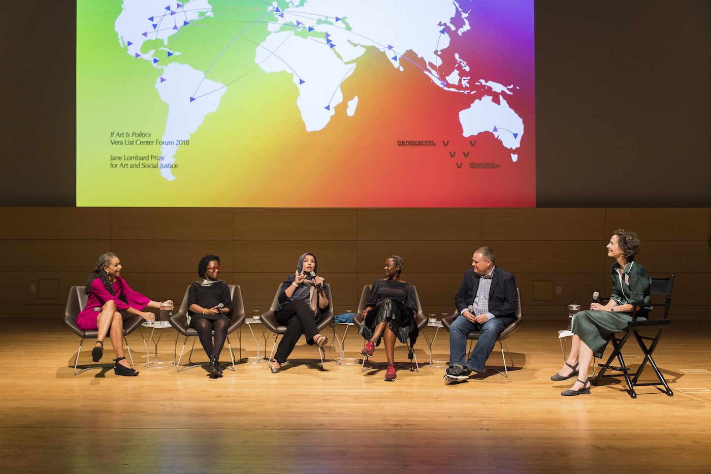 from left to right: Maya Wiley, Nontobeko Ntombela, Uzma Rizvi, Koyo Kouoh, Richard Hill and Carin Kuoni, panelists at the Vera List Center Forum 2018: If Art Is Politics. Tishman Auditorium, The New School, October 4, 2018. Photo credit: Simon Leung, courtesy Vera List Center for Art and Politics.