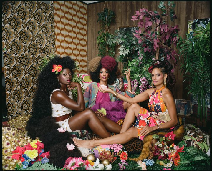 Mickalene Thomas, Les Trois Femmes Deux, 2018. 1.2x1.5 - chromogenic color print. Courtesy the artist and gallery Yancey Richardson

