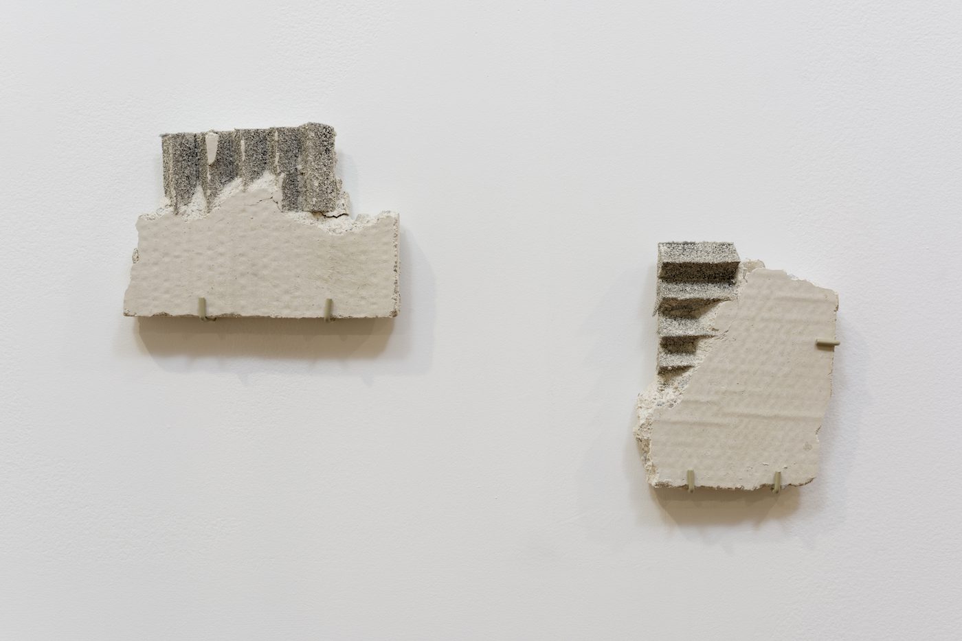 Nikita Gale, ECHO I and ECHO II, 2018, acoustic foam, cement, approx. 5.5 x 8 x 1.25 in and 7.25 x 6 x 1.25 in. Courtesy the artist and Commonwealth and Council. Photo: Ruben Diaz.