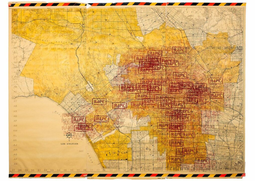 Susan Brownmiller, Against Our Will. Men, Women and Rape, Fawcett Books, New York, 1975
Image by Suzanne Lacy, Three Weeks in May, 1977, paper, ink ©1977. Suzanne Lacy. Courtesy of the artist