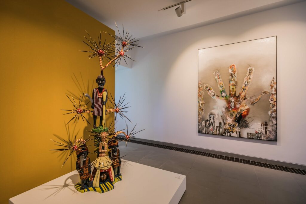 View of artworks by John Goba and Houssein Miloudi during the exhibition Esoteric Writings © Saad Alami