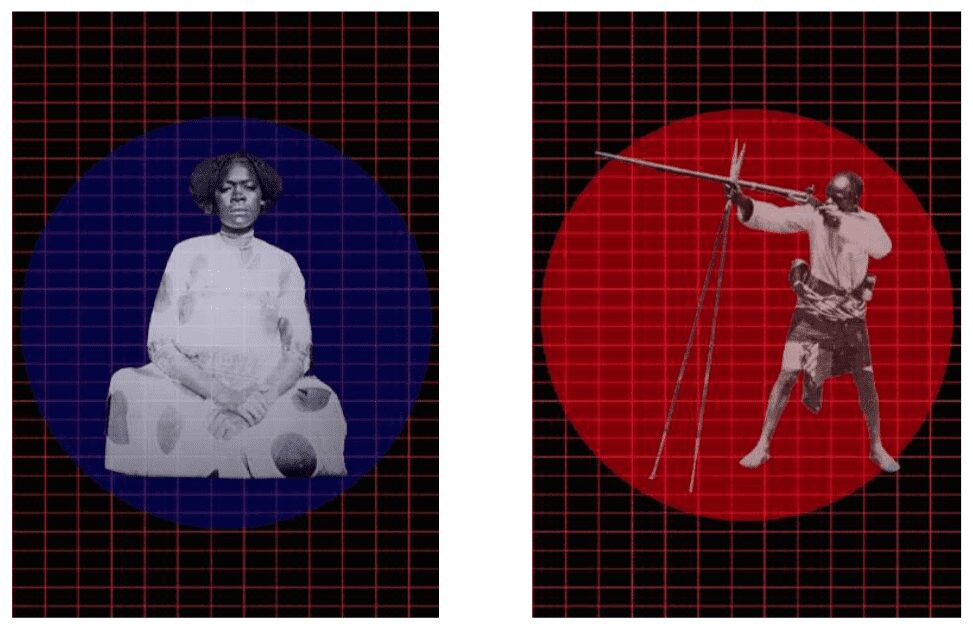 (left) Shiraz Bayjoo - Sakalava Woman II (2018); (right) Shiraz Bayjoo - Warriors II (2018). Both images courtesy of Shiraz Bayjoo and Ed Cross Fine Art 