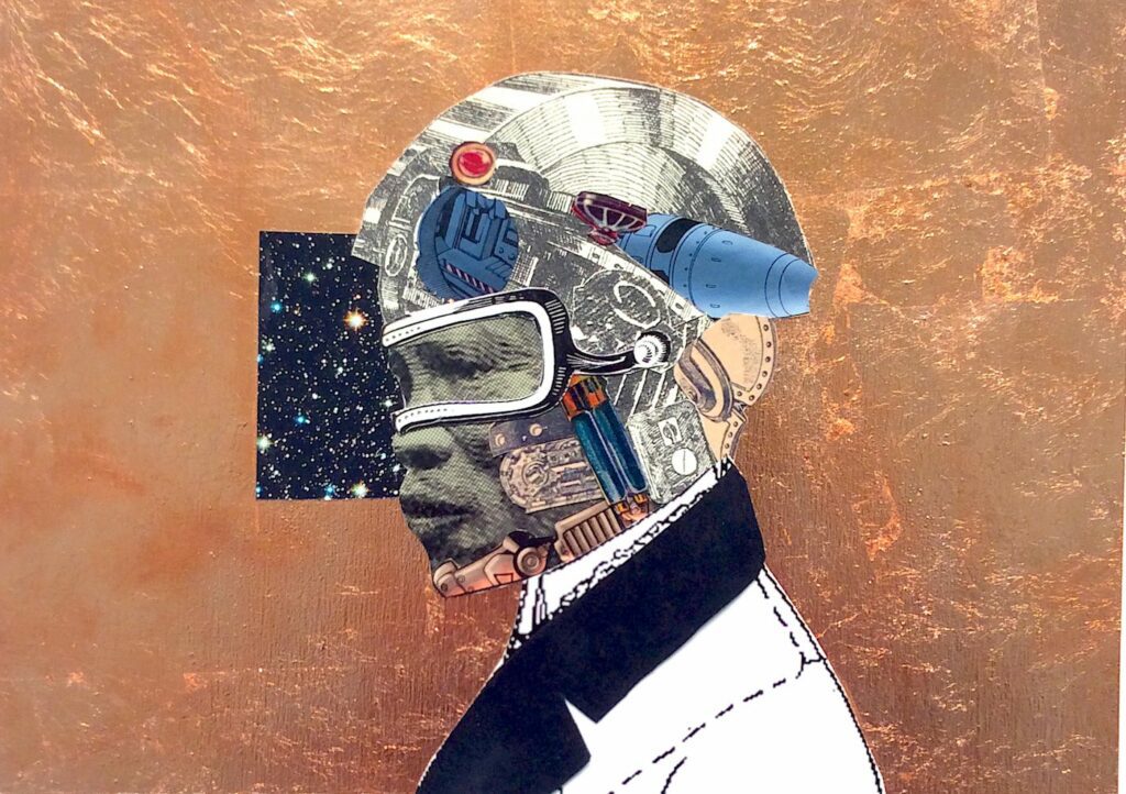 Wayne Hodge, Android Negroid #35 (Detail), 2018, 16 x 12 in. x 1 ft. Collage, Copper Leaf, Enamel on Board Image courtesy of PRIZM Art Fair