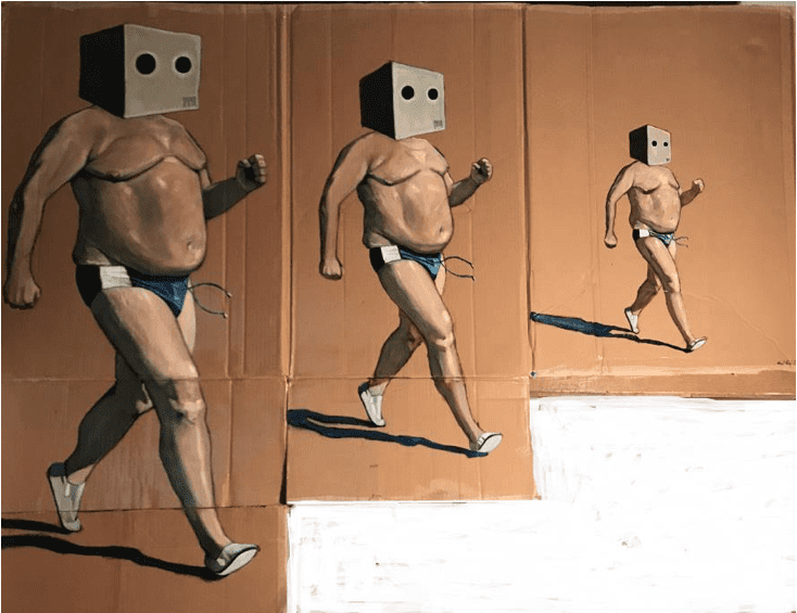 Mohammed Said Chair, Road Runners, 2018. Oil paint and vinyl glue on cardboard, 140x190. Courtesy the artist
