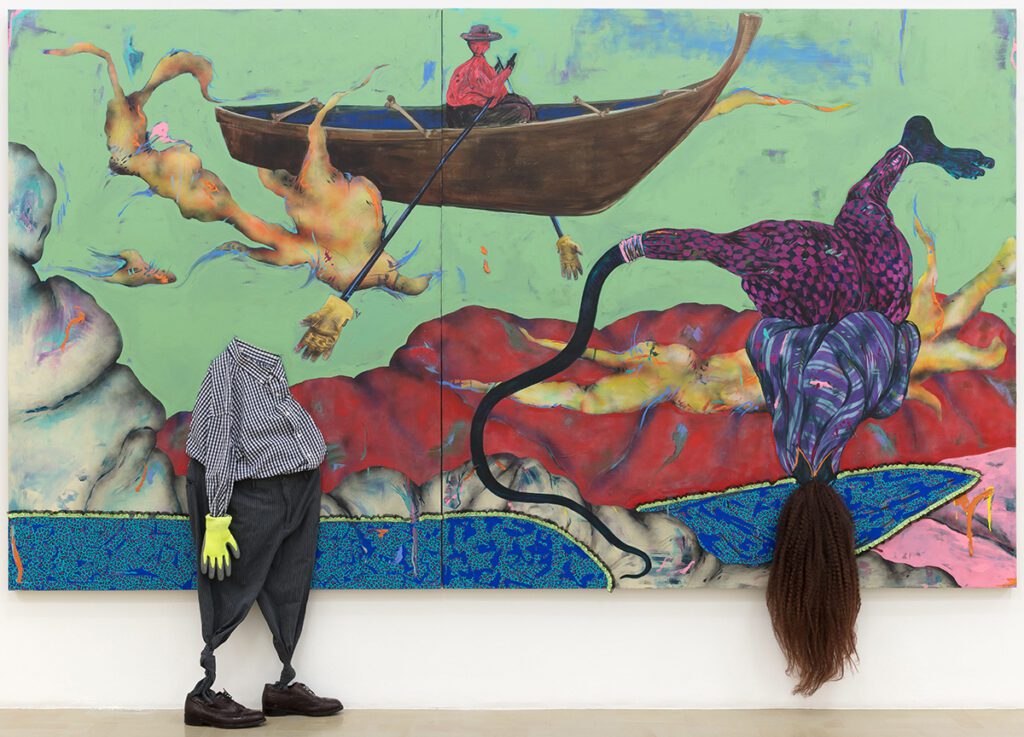 A Visit to a Mine Moon, 2018
Acrylic, spray paint and found objects on linen
Diptych, 220 x 340 x 30cm, via www.stevenson.info