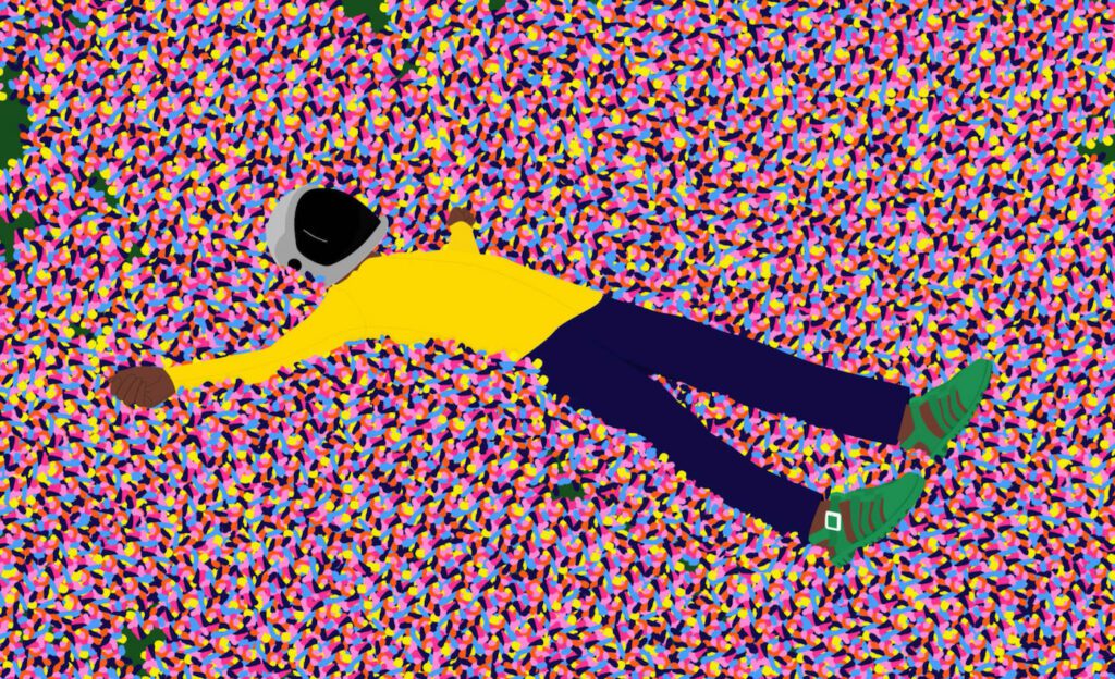 Dennis Osadebe, Field of Dreams III, 2018, Print and Acrylic on Canvas, 89 x 89 cm. © Courtesy Dennis Osadebe and Galerie Liusa Wang