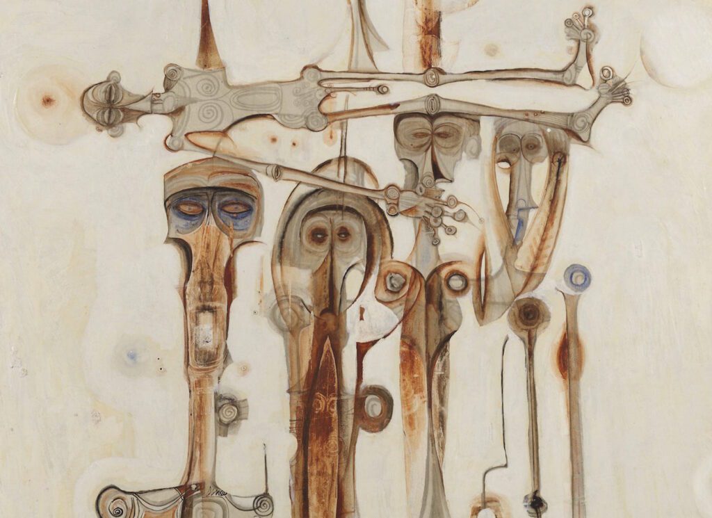 Ibrahim El Salahi, Funeral and the Crescent (detail), 1963,  Herbert F. Johnson Museum of Art, Cornell University. Gift of Mariska Marker, Photography courtesy of the Herbert F. Johnson Museum of Art, Cornell University
