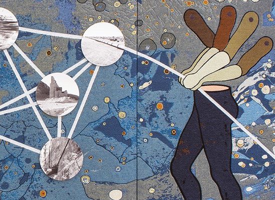 Otobong Nkanga , The Weight of Scars, 2015. Woven textile and photography, 99 x 241 inches. Image courtesy of the artist and In Situ - Fabienne Leclerc, Private Collection
