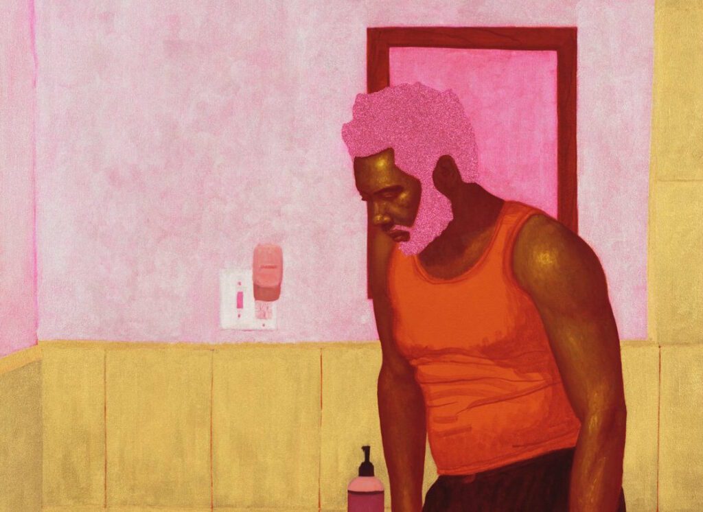 Arcmanoro Niles, My Heart is Like Paper (Detail), 2019. Oil, acrylic and glitter on canvas, 75 x 50 inches, 190.5 x 127 cm. Courtesy the artist and Rachel Uffner Gallery.