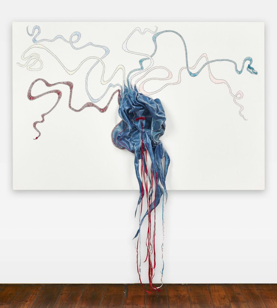 NICHOLAS HLOBO, Ibuthathaka, 2019, Ribbon and leather on canvas, 47.24 x 70.87 inches, 120 x 180 cm