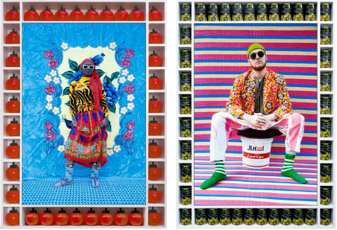 Hassan Hajjaj, My Rockstar Series featuring (from left) Lynette Yiadom-Boakye, 2017/1438 and Kamaal Williams, 2016/1437. Courtesy the artist.