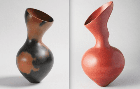 Magdalene Odundo, (left)
Asymmetrical Betu II,  2010. Red clay, carbonized and multi-fired, 53 x 27 cm, signed under base. (Right) Assymetrical Series, 2017. Terracotta vessel, 24.5 x 12.5 inches {62.23 x 31.35 cm}. Both images courtesy of Anthony Slayter-Ralph.