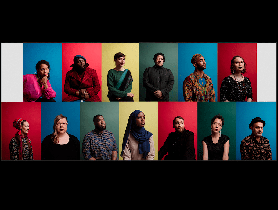 Image: (from left) Sonya Lindfors, Bonaventure Soh Bejeng Ndikung, Leena Pukki, Christopher Wessels, Khadar Ahmed, Suvi West, Outi Pieski, Martta Tuomaala, Christopher Thomas, Maryan Abdulkarim, Lorenzo Sandoval, Giovanna Esposito Yussif and Hassan Blasim. Courtesy of Frame Contemporary Art Finland