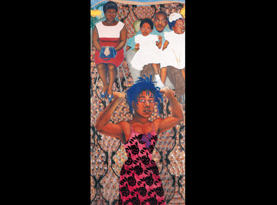 Sonia Boyce, She Ain’t Holding Them Up, She’s Holding On (Some English Rose),  1986. Oil and pastel on paper. Middlesbrough Collection at Middlesbrough Institute of Modern Art
