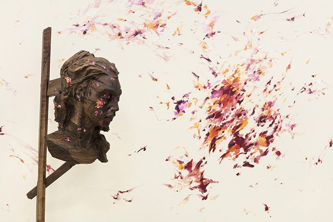 Untitled (Inwoner 2), 2019, walnut and oil paint, with Still Life with Flowers, 2019, detail, oil on canvas