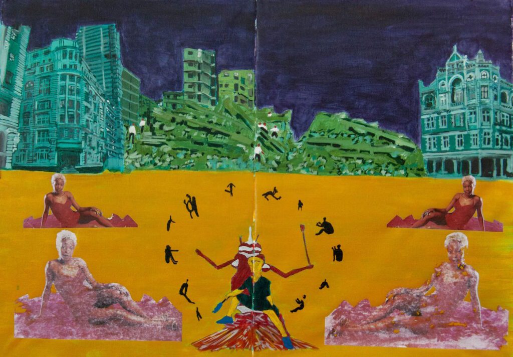 Malebona Maphutse_Botswela Masapo (the bones have spoken), 2019. Mixed media on unstreched canvas, 59,5 x 83,5 cm. Courtesy the artist and Bag Factory Artist Studios.