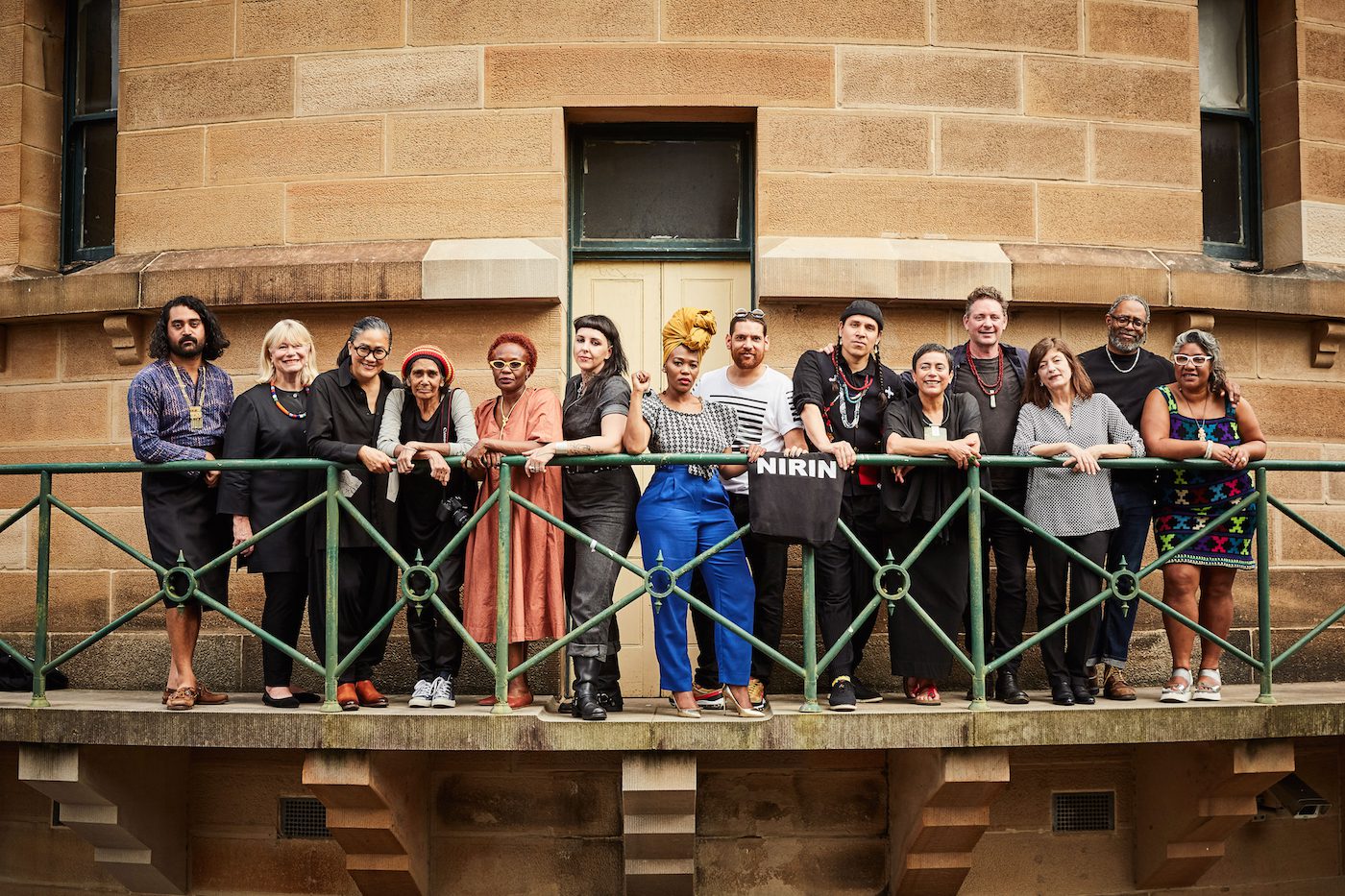 Biennale of Sydney 2020, NIRIN. Artist From left: Léuli Eshrãghi, Jo-Anne Birnie-Danzker, Kylie Kwong, Barbara McGrady, Gina Athena Ulysse, S.J Norman, Lhola Amira, Tony Albert, Nicholas Galanin, Lisa Reihana, Brook Andrew, Katarina Matiasek, Arthur Jafa, Latai Taumoepea. Photocredits © Joshua Morris.