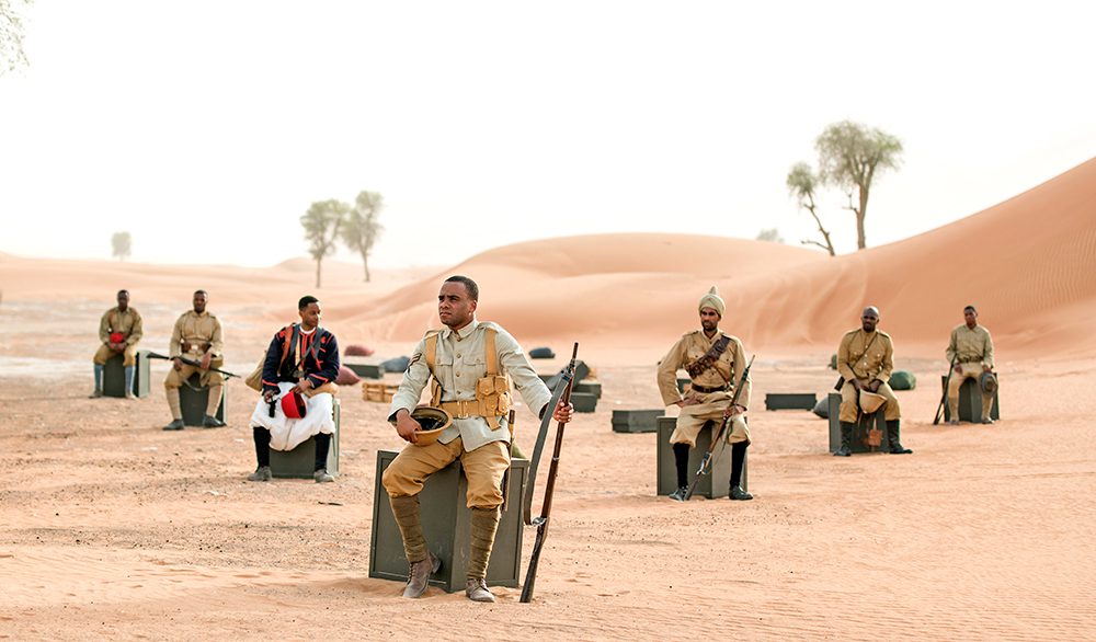 John Akomfrah. Mimesis: African Soldier, 2018.
Three channel HD colour video installation, 7.1 sound Dimensions variable. Co-commissioned by 14-18 NOW, New Art Exchange, Nottingham and Smoking Dogs Films, with additional support from Sharjah Art Foundation. Photo © IWM / Film © Smoking Dogs Films