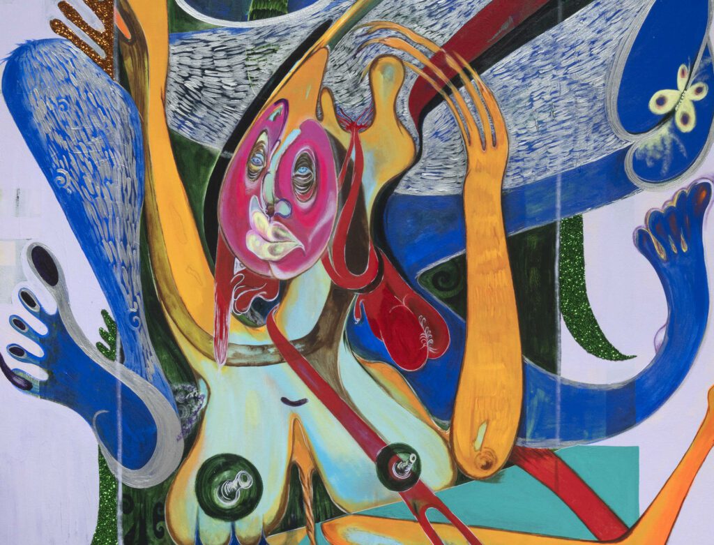 Theresa Chromati, Hey, I’ll be There in 5. Can I Bring a Few Guests? (Me and Me’s) (Detail), 2019 . Acrylic and glitter on canvas, 72 x 48 in. Image courtesy of Kravets Wehby Gallery