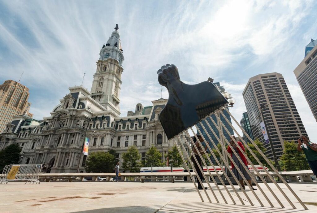 Hank Willis Thomas, All power to all people, 2017. At Philadelphia's City Hall. Mural Arts Photo by Steve Weinik 